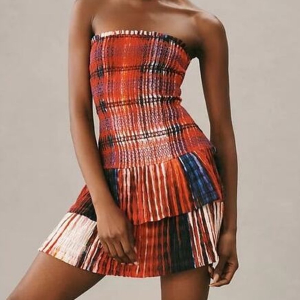 Anthropologie Strapless Red Plaid Dress